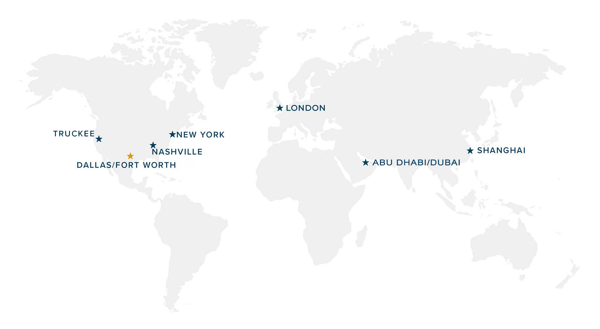 A greyscale map of the world featuring TrailRunner International's office locations, marked by a star and blue text.